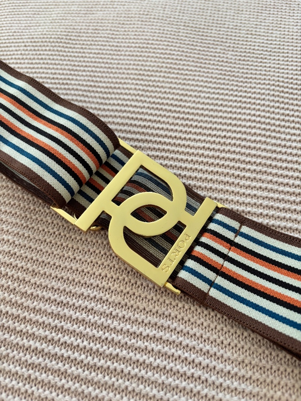 Ports Striped Elastic Waist Belt With Gold Tone Logo Buckle Size OS